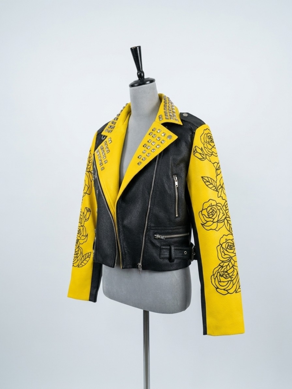 Black Leather Moto Jacket with Yellow Floral Sleeves